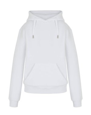 Güzel beyaz düz baskısız uzun kollu hoodie, boyun, boş, hayalet manken, önden görünüm, mock-up yuvarlak