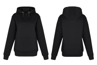 Güzel baskısız siyah uzun kollu hoodie, boyun, boş, hayalet manken, önden ve arkadan görünüm, mock-up yuvarlak