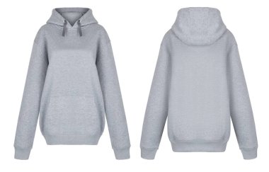 Güzel gri baskısız uzun kollu hoodie, boyun, boş, hayalet manken, önden ve arkadan görünüm, mock-up yuvarlak