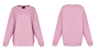 Güzel yumuşak pembe baskısız uzun kollu kazak, boyun, boş, hayalet manken, önden ve arkadan görünüm, mock-up yuvarlak