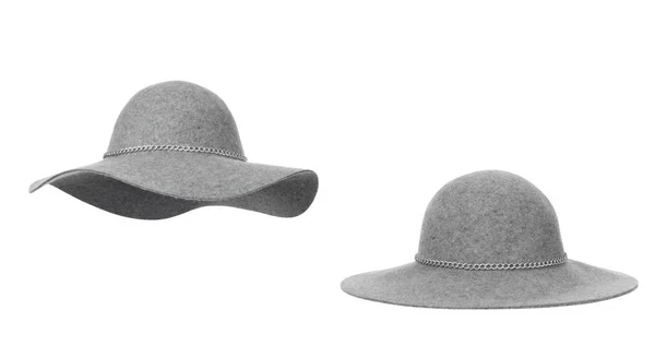 Luxurious Gray Wool Hat Large Brim Two Angles Shot Lying — Stock Photo, Image