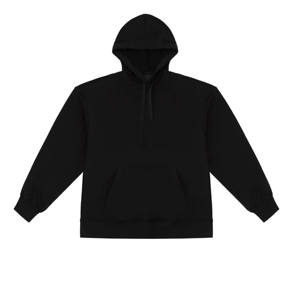 Güzel siyah baskısız hoodie uzun kollu, boş, düz yatıyordu, önden ve arkadan görünüm, mock-up, üzerinde boy