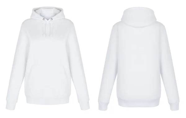 Güzel baskısız beyaz uzun kollu hoodie, boyun, boş, hayalet manken, önden ve arkadan görünüm, mock-up yuvarlak