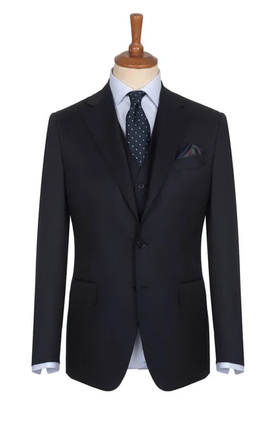 Terzi mankeni, beyaz arka plan üzerinde izole klasik erkek siyah ceket, mavi gömlek ve puantiyeli bağla