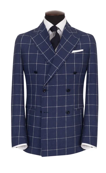 Klasik erkek mavi kareli yün ceket, gömlek ve kravat bir terzi kukla, beyaz arka plan üzerinde izole