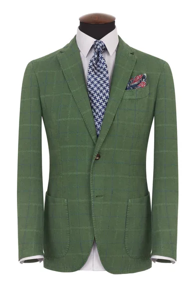 Klasik erkek yeşil kareli yün ceket, gömlek ve kravat bir terzi kukla, beyaz arka plan üzerinde izole