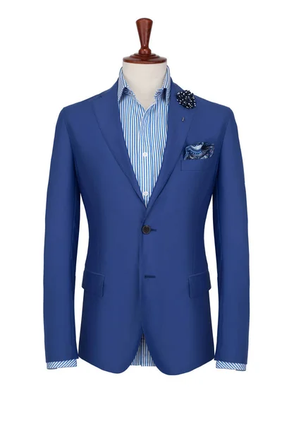 Giacca Classica Uomo Blu Camicia Fazzoletto Manichino Sartoriale Isolato Sfondo — Foto Stock