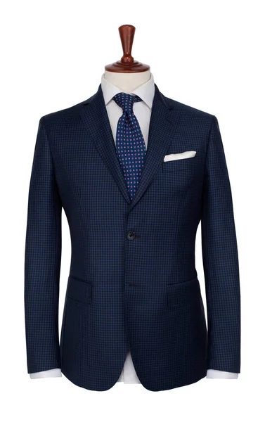 Klasik erkek koyu ceket, gömlek, kravat ve mendil bir terzi olarak kukla, beyaz bir arka plan üzerinde izole.