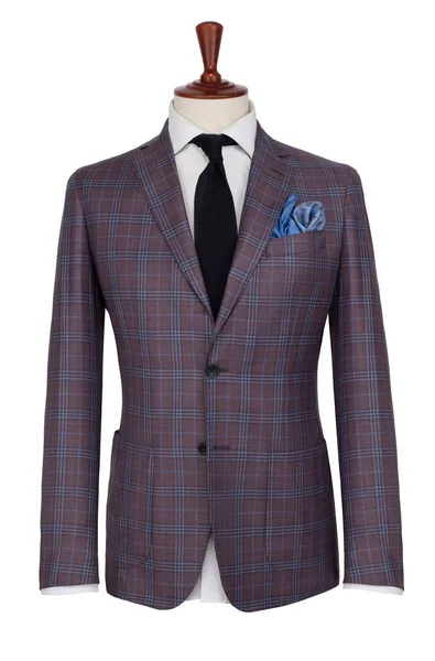 Klasik erkek gri kareli ceket, gömlek, kravat ve mendil terzi üzerinde kukla, beyaz arka plan üzerinde izole.