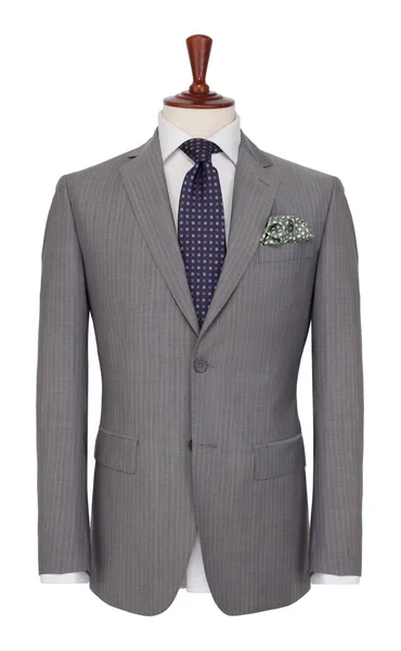 Klasik erkek gri kareli ceket, gömlek, kravat ve mendil terzi üzerinde kukla, beyaz arka plan üzerinde izole.