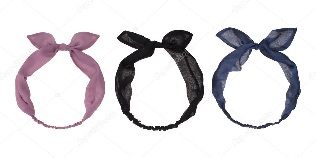 Set of three silk headbands with bows, pink, black, gray, isolated on white background, clipping, mock-up