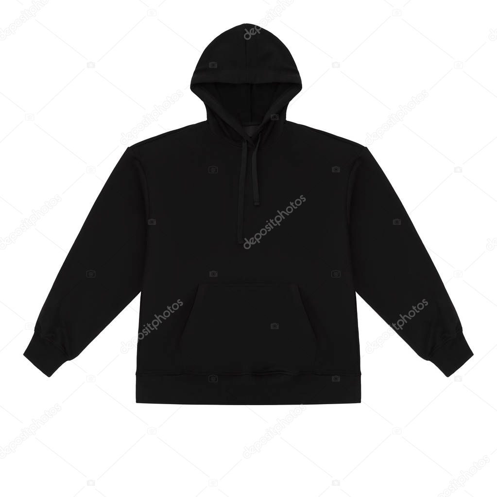 Beautiful black unprinted long-sleeved hoodie, blank, flat lay, front and back view, mock-up, over sized