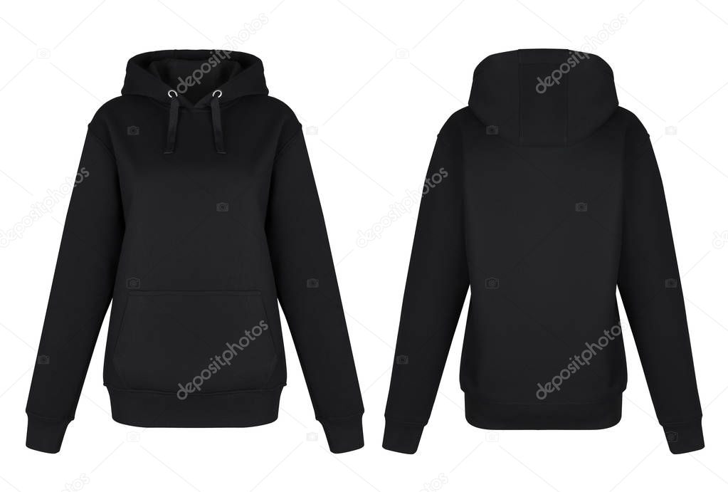 Beautiful unprinted black long-sleeved hoodie, round neck, blank, ghost mannequin, front and back view, mock-up