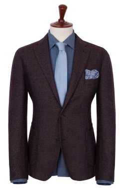 Lüks erkek koyu bordo ceket, mavi gömlek ve açık kravat, cepte mendil, terzi üzerinde manken seti, kırpma, beyaz arka plan üzerinde izole