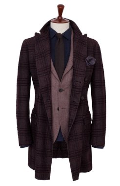 Lüks erkek mor-kahverengi yün damalı ceket, kahverengi ceket, mavi gömlek ve siyah kravat, terzi mankeni, kırpma, beyaz arka plan üzerinde izole ayarlayın