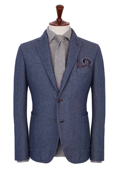 Luxury Men Gray Blue Jacket Gray Shirt Gray Tie Handkerchief — стоковое фото