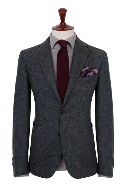 Luxury Men Gray Jacket Gray Shirt Dark Tie Handkerchief Pocket — Stock Photo, Image