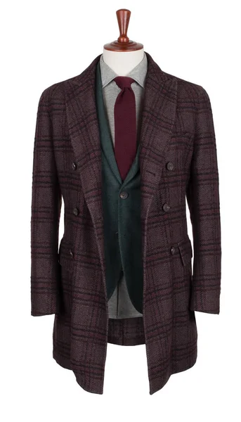 豪华男性栗色格子外套 绿色夹克 灰色衬衫和酒红色领带 设置在裁缝的模特 孤立在白色背景 — 图库照片