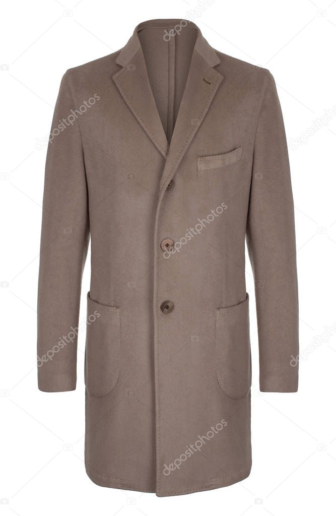 Men's luxury classic beige cashmere wool coat, clipping, ghost mannequin, isolated on white background