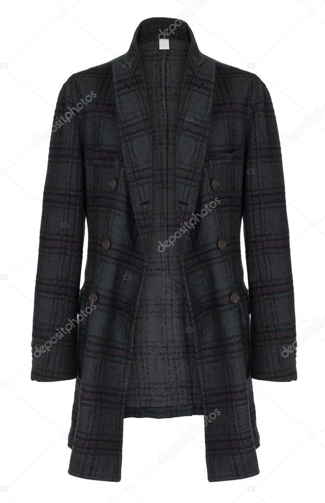 Men's luxury classic checkered dark green wool not buttoned coat, clipping, ghost mannequin, isolated on white background