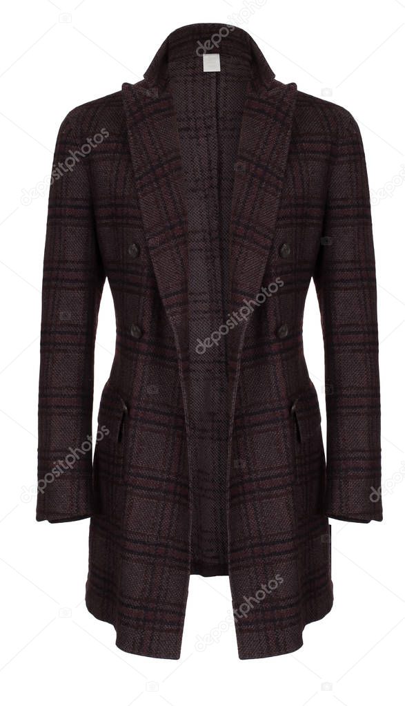 Men's luxury classic  checkered brown wool not buttoned coat, clipping, ghost mannequin, isolated on white background