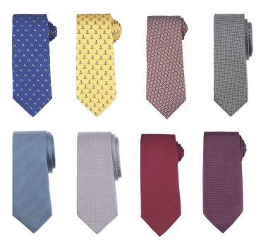 Çeşitli çok renkli erkek bağları lüks seti, düz yatıyordu, mock-up, kırpma, beyaz arka planda izole