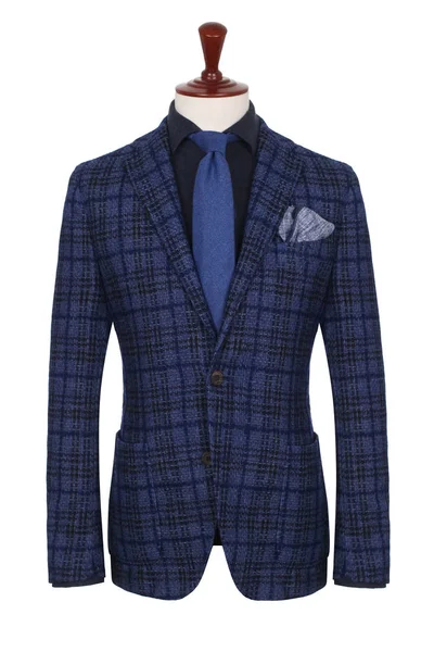 Luxury Men Blue Checkered Jacket Dark Shirt Blue Tie Handkerchief — Stock Photo, Image