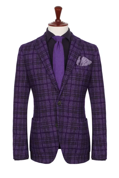 Giacca Scacchi Viola Uomo Lusso Camicia Scura Cravatta Viola Fazzoletto — Foto Stock