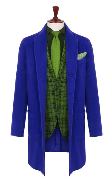 豪华男士明亮的蓝色外套 绿色夹克 衬衫和领带 设置在裁缝的模特 孤立在白色背景 — 图库照片
