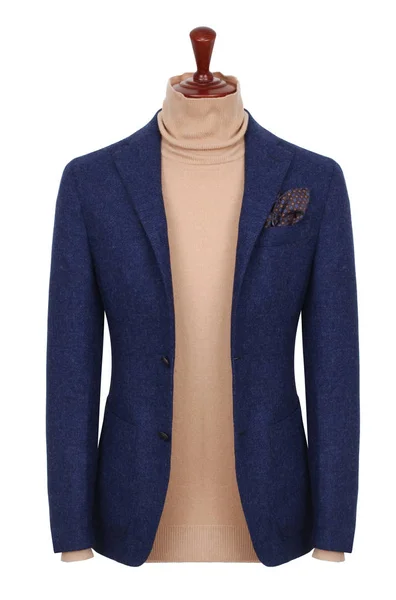 Veste Homme Luxe Bleu Foncé Col Roulé Beige Châle Dans — Photo