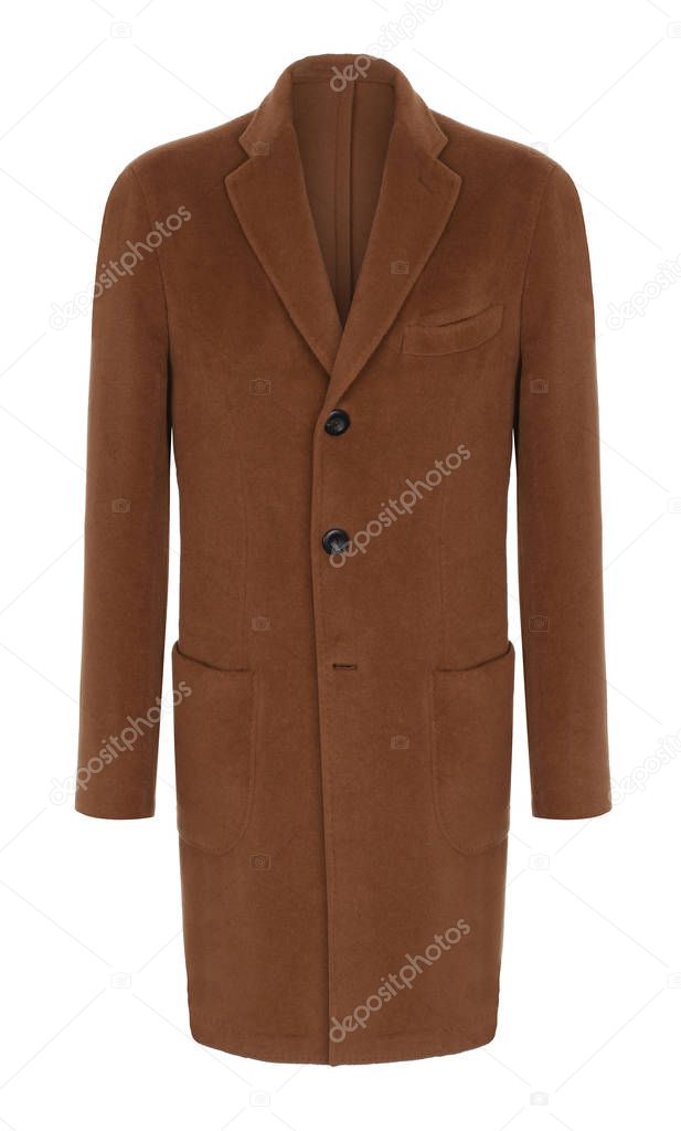 Men's luxury classic cashmere brown wool coat, clipping, ghost mannequin, isolated on white background