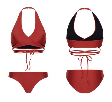 Güzel trendy bikini, bordo mayo, hayalet manken, kırpma, beyaz izole, ön ve arka görünüm