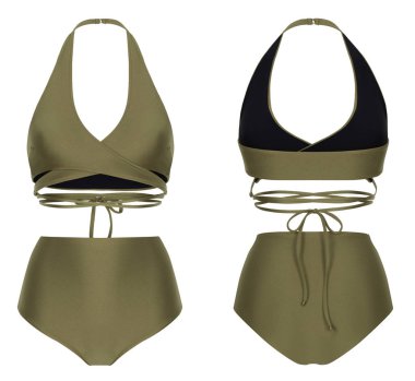 Güzel trendy bikini, zeytin yeşili mayo, hayalet manken, kırpma, beyaz izole, ön ve arka görünüm