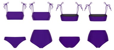 Güzel trendy bikini, koyu mor mayo, hayalet manken, kırpma, beyaz izole, ön ve arka görünüm