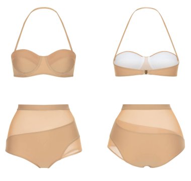 Güzel trendy bikini, bej mayo, hayalet manken, kırpma, beyaz izole, ön ve arka görünüm