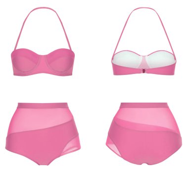 Güzel trendy parlak bikini, pembe mayo, hayalet manken, kırpma, beyaz izole, ön ve arka görünüm