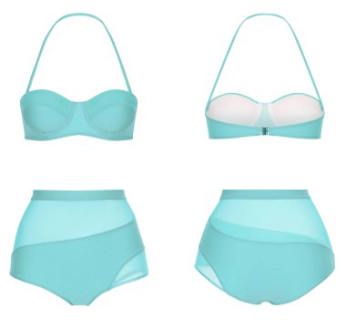 Güzel trendy parlak bikini, mavi mayo, hayalet manken, kırpma, beyaz izole, ön ve arka görünüm