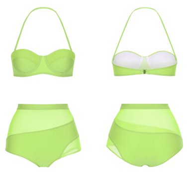 Güzel trendy bikini, neon yeşil sarı mayo, hayalet manken, kırpma, beyaz izole, ön ve arka görünüm