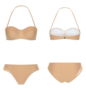 Güzel trendy bikini, bej mayo, hayalet manken, kırpma, beyaz izole, ön ve arka görünüm