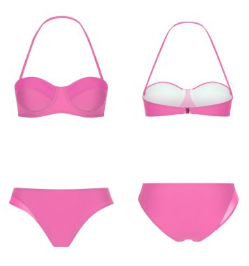 Güzel trendy parlak bikini, pembe mayo, hayalet manken, kırpma, beyaz izole, ön ve arka görünüm