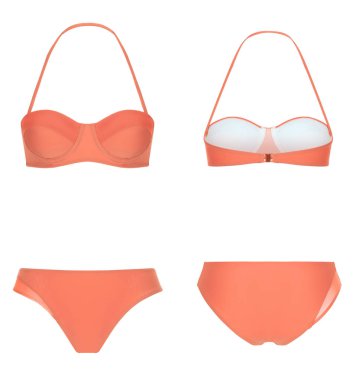 Güzel trendy parlak bikini, neon turuncu mayo, hayalet manken, kırpma, beyaz izole, ön ve arka görünüm