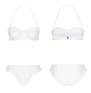 Güzel trendy beyaz bikini mayo, hayalet manken, kırpma, beyaz izole, ön ve arka görünüm