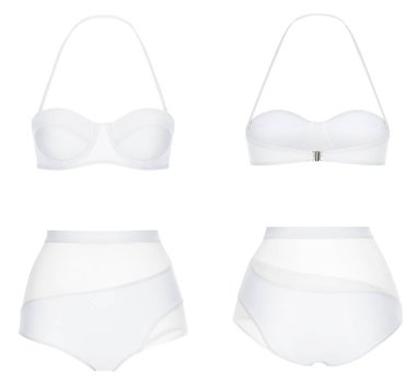 Güzel trendy beyaz bikini mayo, hayalet manken, kırpma, beyaz izole, ön ve arka görünüm
