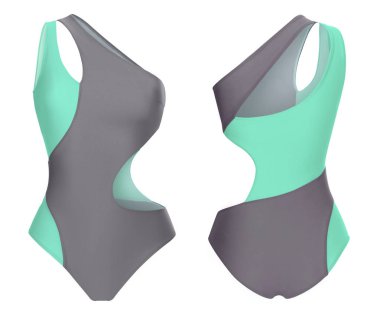 Güzel trendy turkuaz ve gri mayo, hayalet manken, kırpma, beyaz izole, ön ve arka görünüm