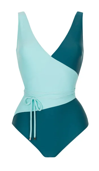 Güzel trendy zümrüt yeşili ve turkuaz mayo, hayalet manken, kırpma, beyaz izole, ön görünüm