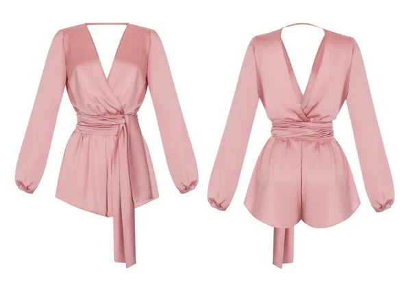 Uzun kollu ve şort, hayalet manken, kırpma, beyaz izole ile güzel parlak ipek tulum, ön ve arka görünüm