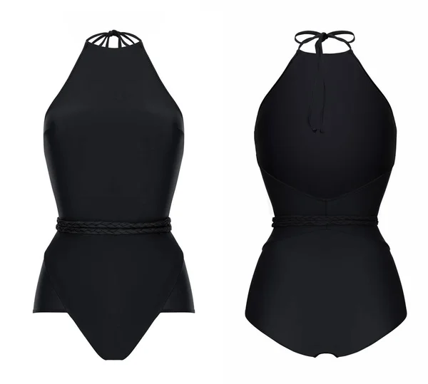 Beautiful Trendy Black Swimsuit Ghost Mannequin Clipping Isolated White Front — Stock Photo, Image