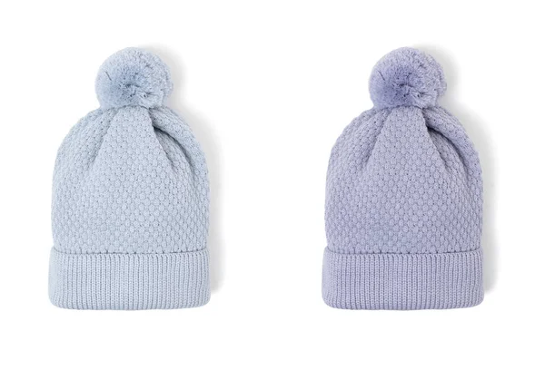 Ein Schönes Set Luxuriöse Strickmütze Mit Pelzbommel Blau Und Lila — Stockfoto