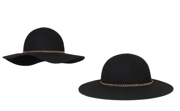 美しいセット 豪華なウールの帽子2種類 ゴールドチェーンの装飾と黒 白い背景に隔離 クリッピング — ストック写真