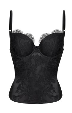 Güzel set, kadın siyah seksi iç çamaşırı, dantel korse, kırpma, hayalet manken, beyaz arka plan üzerinde izole, ön görünüm